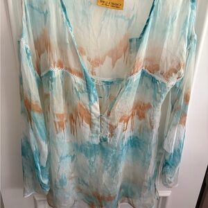 Green and Blue Long Sleeve Tie Front Blouse Coverup